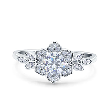 Halo Cluster Floral Wedding Ring Round Simulated Cubic Zirconia 925 Sterling Silver